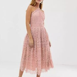 BRAND NEW ASOS DESIGN PETITE LACE MIDI DRESS WITH PINNY BODICE DRESS